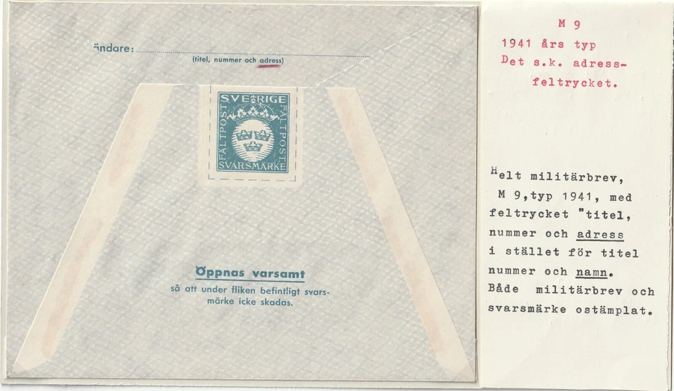 SUECIA: Correo militar, sobre militar 1941 M9 sin usar, dirección/nombre mal impreso. Foto 1 de 1