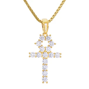 Men's Iced Stone Ankh Cross Pendant 22" Stainless Steel Chain Necklace BSH 13108 - Picture 1 of 6