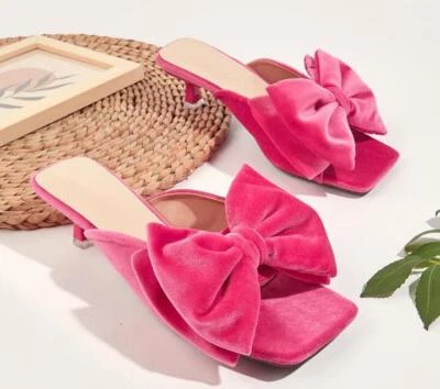 Womens Mules Summer Peep Toe Bowknot Slippers Kitten Mid Heels Party Sandals - Image 1 of 4