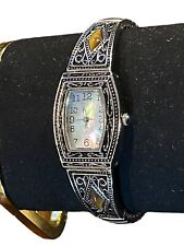 Vintage Mother Of Pearl Faced Watch With Tigers Eye- Stainless Steel- Estate