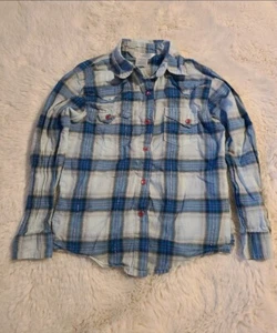 Girls Blue Plaid Rock 47 Western Pink Pearl Snaps Shirt Size Small Rodeo Shirt - Picture 1 of 4