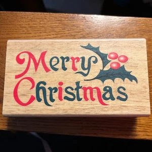 Wooden Rubber Stamp MERRY CHRISTMAS WITH HOLLY - Picture 1 of 2
