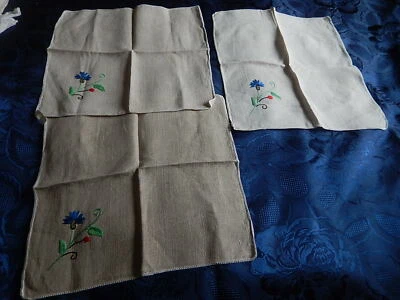 3 SERVIETTES LIN ANCIENNES BRODERIE COULEUR A THÉ AU CHARDON  33 x 29 - Photo 1/4