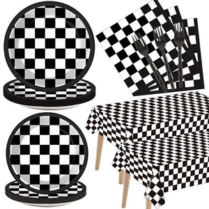 98PCS Black White Checkered Racing Party Tableware Set Car Plates Napkins - Picture 1 of 7