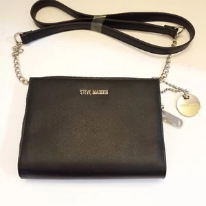 Steve Madden Black Crossbody Silver Chain Purse Bag Disc Charm Credit Card Holde - Picture 1 of 7