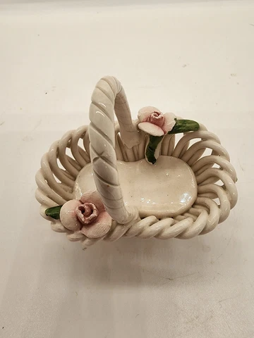 Vintage Italy Pottery Mini Miniature Basket Pink Roses, Trinket, Jewelry Holder Cover