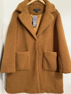 New FRENCH CONNECTION Notch Collar Faux Fur Teddy Lapel Midi Textured Coat XL - Picture 1 of 2