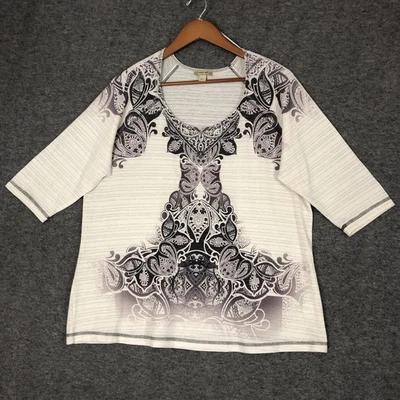 Camisa Energe Mujer 2X Blanca Negra Cachemira Metálica Manga 3/4 Elástica Top Foto 1 de 4