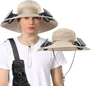 Wide Brim Solar Fan Outdoor Fishing Hat with 2 Solar Fan UPF 50+ Sun Bucket Hat - Picture 1 of 11