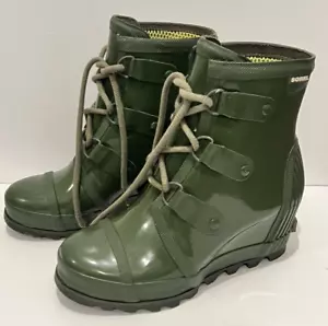 Sorel Joan Rain Wedge Green Waterproof Lace Up Rubber Size 8.5 NL2524 - Picture 1 of 14