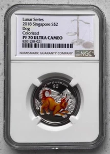 NGC PF70 UC 2018 Singapore 1/4oz Silver Coin - Lunar Year Series - Dog - Picture 1 of 2