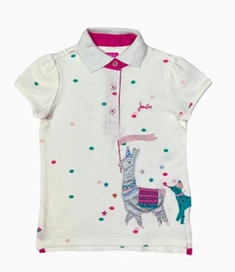 Joules Ivory Short Sleeve Polo Shirt Llama Party Embroidered Cotton Girls 4 Yrs - Picture 1 of 13