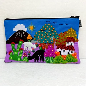 Handmade Folk Art Felt Flower Cactus Llamas Pouch Cosmetic Bag Pencil Case Purse - Picture 1 of 15
