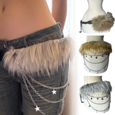 Cinturones de piel sintética cadena de cuentas de metal cinturón de felpa piel peluda sexy niña vintage Foto 1 de 4