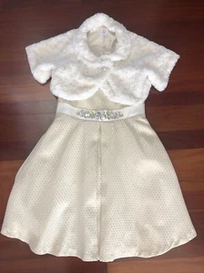 Gymboree Joyful Holiday Gold Metallic Brocade Dress & Fur Jacket Set Sz 10-12 L - Picture 1 of 10