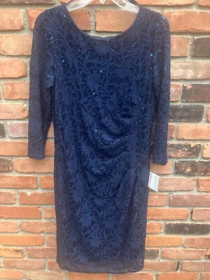 NWT David's Bridal Navy Sz 12 Lace / Sequins Midi Dress 3/4 Sleeve Free Shipping - Image 1 of 4