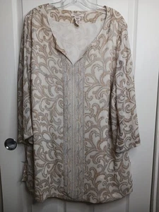 Covington Tunic Top Sheer Lined Women Size 20-22W Beige Paisley 3/4 Sleeve Fairy - Picture 1 of 12