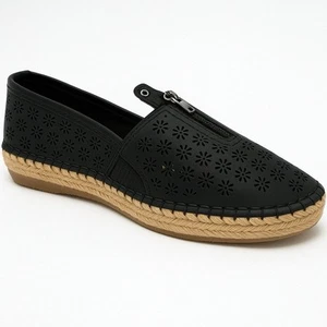 Easy Street Black Perforated Espadrille Flats Zip Front Size 8.5W Comfort Shoes - Picture 1 of 10