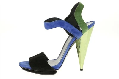 Womens GUCCI Black Green Blue Suede Slide Ankle Strap Heels Sandals Size 39.5 - Image 1 of 4