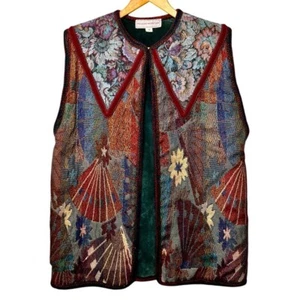 Vintage 80s Reggie Morton Tapestry Suede Vest Colonial Colorful Cottage Designer - Picture 1 of 5
