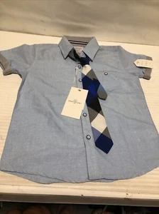 Craft + Flow Little Boy Short Sleeve Button Up Shirt, Size 6- L w Tie - Picture 1 of 9