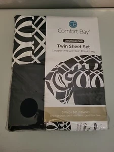 Comfort Bay Designer Black & White Print Top Fitted Twin Sheet Set Pillow Case - Picture 1 of 6