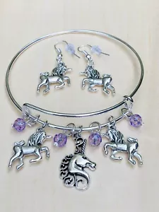 3 Unicorns & Amethyst gems & Earrings Silver charms Expandable Bangle Bracelet - Picture 1 of 12