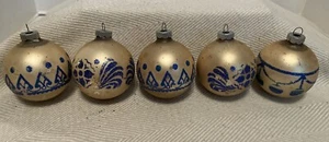 Vtg SHINY BRITE Christmas Ornaments Stenciled Glitter Lot 5 Gold Blue Art Deco - Picture 1 of 16