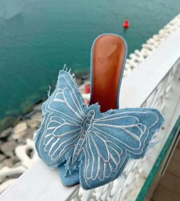 Mujer Azul Denim Zapatos Punta Abierta Mariposa Decoración Tacones de aguja altos Zapatillas Sandalias Foto 1 de 4