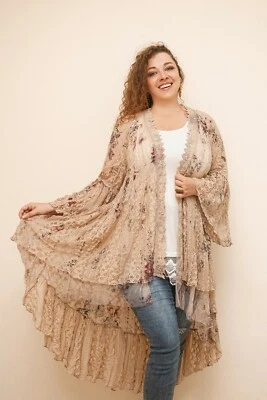 Plus Size Peasant Boho Vintage Taupe Festival Lace Cardigan Duster Kimono - Image 1 of 4