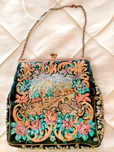 1950s tapestry evening bag, Village scene. Silk lining - Picture 1 of 4
