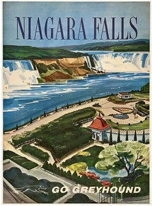 Póster original vintage NIAGARA FALLS - GO GREYHOUND autobús Canadá viaje lino - Imagen 1 de 5