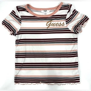 Guess Girls Striped Shirt Sz S 7-8 Pink, White, Burgundy, Black, Gold Ruffle - Picture 1 of 9