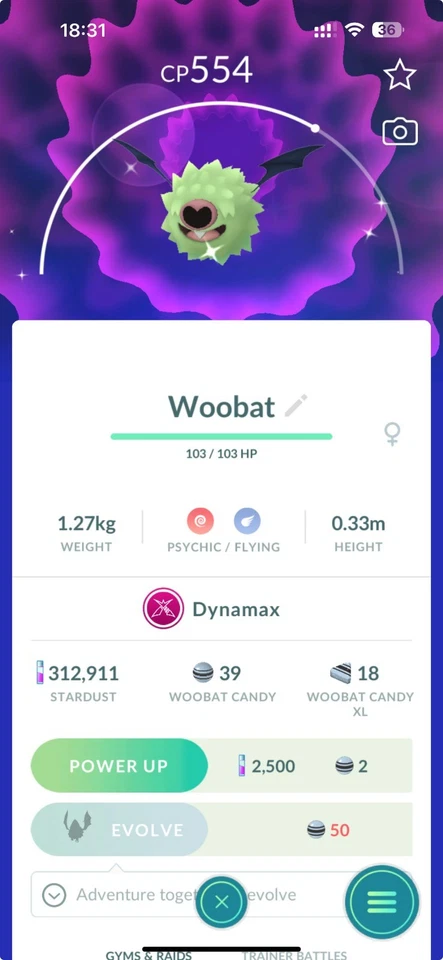Pokémon Brillante Dynamax Woobat - P T C - GO Leer Descripción Foto 1 de 1