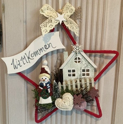 Handgefertigter Winter Türkranz Häkel Stern Schneemann Haus Home Willkommen -660 - Bild 1 von 4