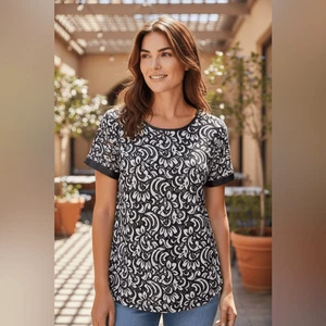 Neu mit Etikett Express Damenbluse schwarz einfarbig Spitze gemustert Kurzarm Oberteil – L - Bild 1 von 7