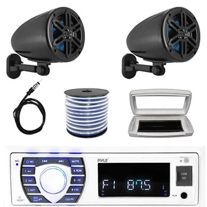 Pyle Single-DIN Marine MP3 Radio, 2x 5.25’’ 180W Max Off-Road Box Black Speakers - Picture 1 of 7
