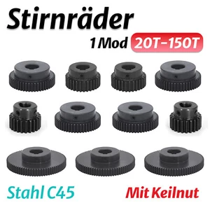 Stirnräder Mit Keilnut 1 Mod 20-150 Zähne Schwarz Ritzel Zahnrad aus Stahl C45 - Bild 1 von 41