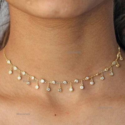 Collar de cadena con flecos de diamantes naturales estación de caída de boda de oro amarillo macizo de 14 k Foto 1 de 4