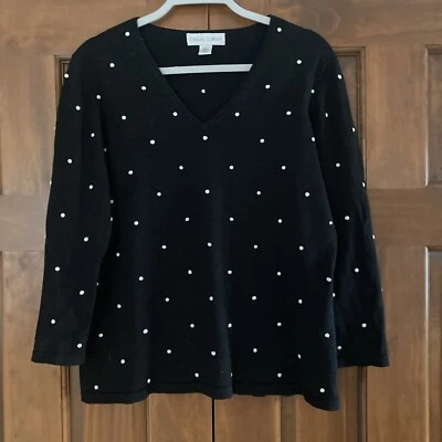 Suéter Pullover Casual Esquinero Mezcla Seda Negro Lunares Cuello en V Para Mujer’s Grande L Foto 1 de 4