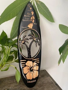 Hawaiian Hand Made 20" Carved Wood Surfboard Decor Engraved Palm Trees Hibiscus - Picture 1 of 4