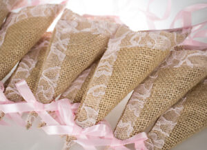12 pcs/set Burlap Cone Decoration with Light Pink Lace, Rustic Country Wedding