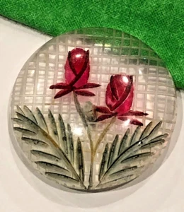 7453 - Lucite Button, Red Flowers DF, 1-7/16", Imit. Screenback, Reverse Carved - Picture 1 of 3