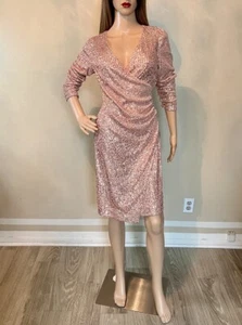 NANETTE LEPORE $285 Rare Rose Gold Sequin Faux-Wrap Dress V-Neck Knee Length 4 - Picture 1 of 23
