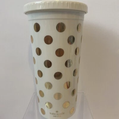KATE SPADE GOLD POLKA DOT PRINT 16OZ THERMAL TRAVEL MUG COFFEE CUP COLD - Image 1 of 4