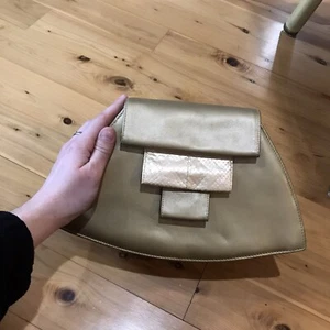 Vintage Inge Christopher Gold Leather Clutch Purse with Magnetic Closure & Strap - Picture 1 of 14