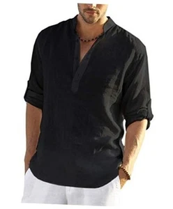 Men's Cotton Linen Henley T-Shirts Long Sleeve Hippie Casual X-Large Black - Picture 1 of 7