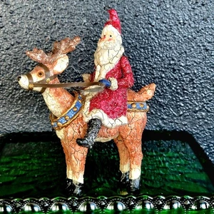Weihnachtsmann auf Rentier m. nickendem Kopf Glasaugen Ornament Figur gezuckert Vintage 7,5 Zoll - Bild 1 von 14
