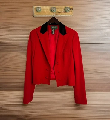 Lauren Ralph Lauren女式12高地骑行红色羊毛天鹅绒作物夹克 — 第 1/4 张图片