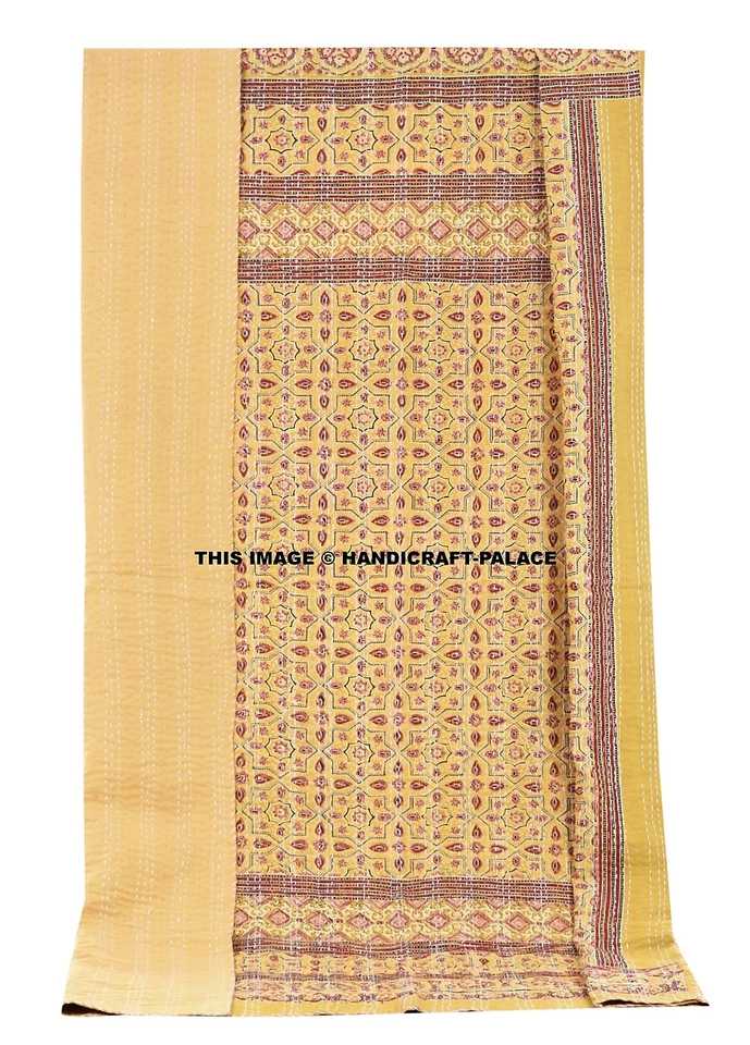 Manta Kantha amarilla con estampado de bloques a mano tamaño doble manta Ajrakh Sari Throw Gudri Foto 1 de 4